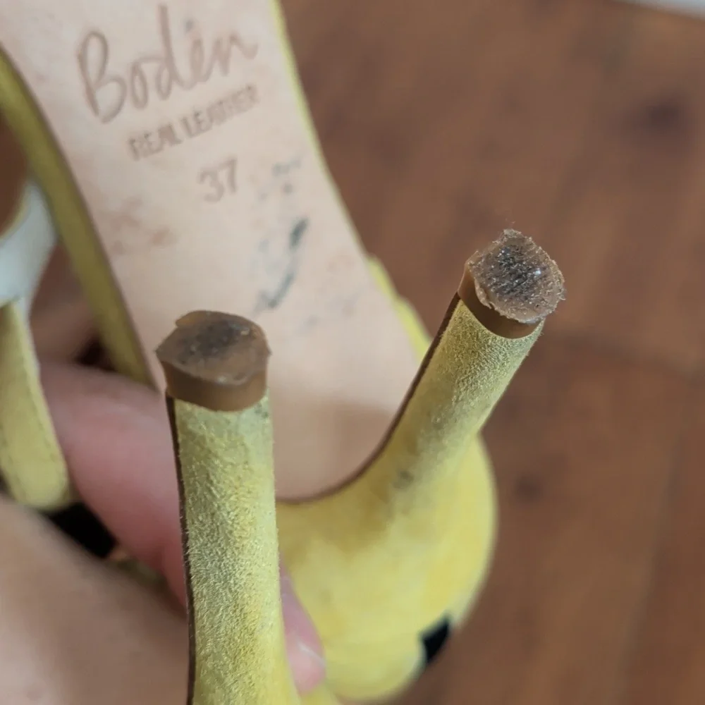 Boden Trisha Yellow and Black Polka Dot Cowhide Pointy Toe Strappy Heels - Picture 16 of 16